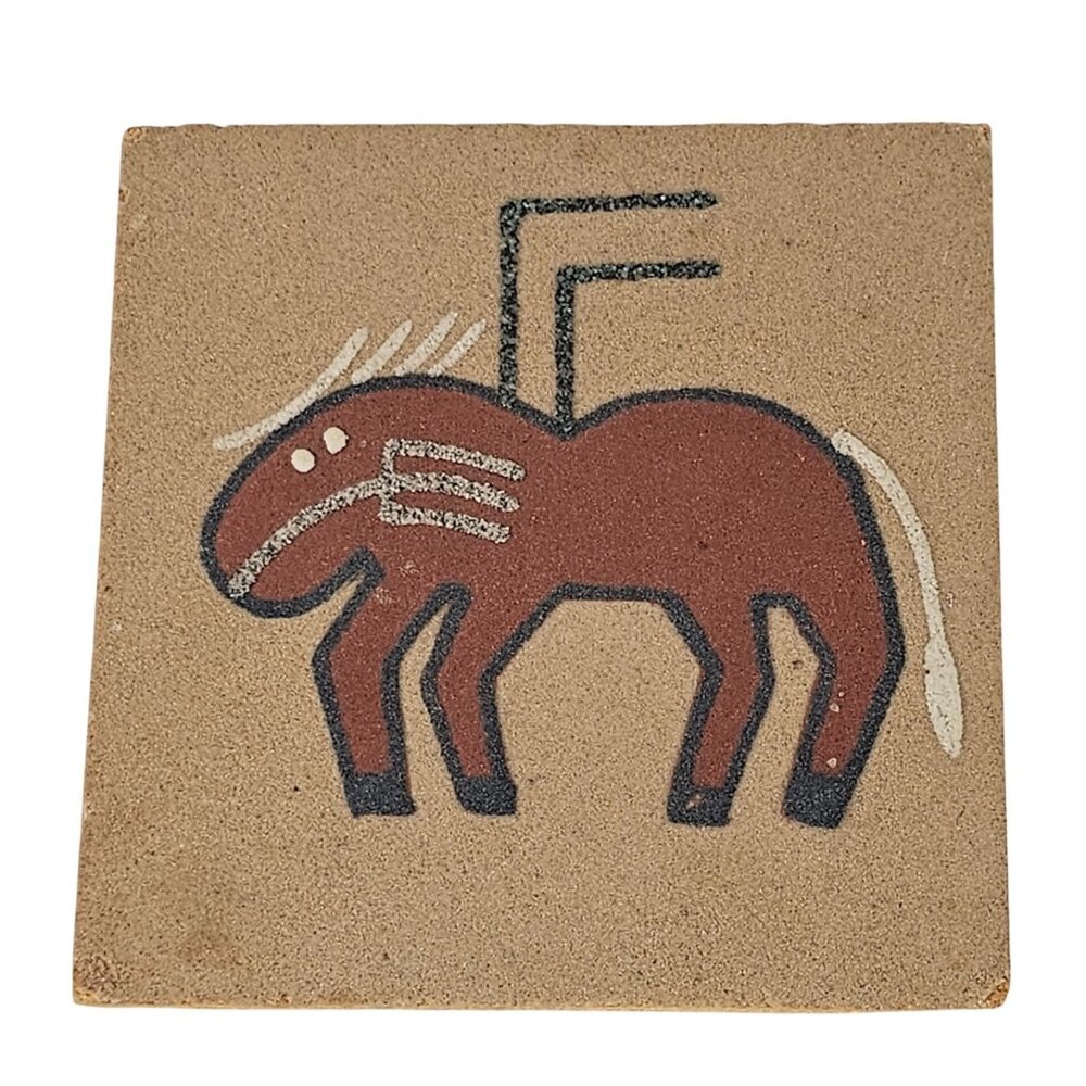 Vintage Buffalo Goldtooth Sand Art Tile With Native American Horse Design